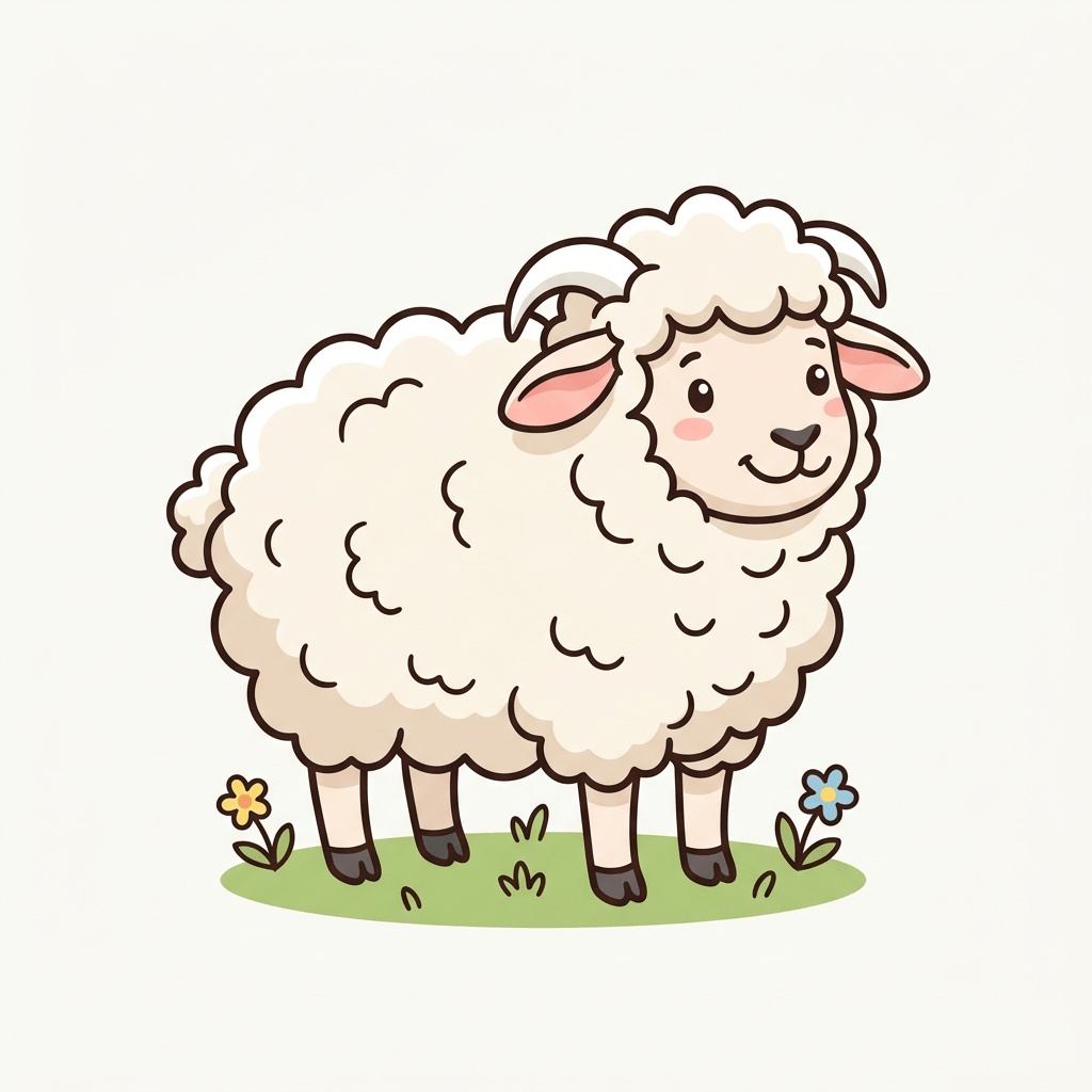 Smiling cartoon sheep with curly wool standing on green grass with a yellow and blue flower